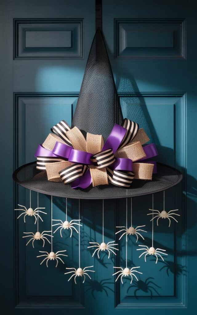 A photograph of a striking Halloween door hanger shaped like a witch's hat, centered against a dark teal door. The hat form is constructed from matte black mesh, creating a soft, voluminous shape, adorned with an asymmetrical cluster of coarse burlap, satin purple, and black-and-gold striped grosgrain ribbons. Numerous faux spiders of varying sizes dangle from the hat's underside, suspended by nearly invisible strands, while a single spotlight illuminates the wreath, casting dramatic shadows and highlighting its playful, polished design.