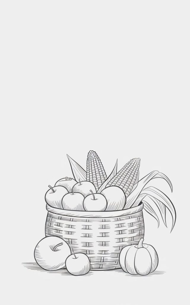 A minimalist, plain white background pencil drawing illustration of a fall harvest basket. The basket is rounded with crosshatched strokes forming its woven texture. Inside, apples, gourds, and corn spill out, each sketched with clear outlines and subtle shading. The apples are smooth and round, with faint stems curving upward. The corn husks are indicated with soft vertical strokes, their rough texture gently contrasted against the smooth fruit. A gourd lies slightly outside the basket, its ridges outlined with curved lines. The arrangement feels abundant yet clean, celebrating autumn's harvest with minimal charm.