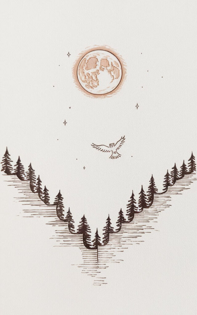 A minimalist, plain white background pencil drawing illustration of a fall harvest moon night sky. The moon dominates the upper center, a perfect circle shaded lightly to create a glowing halo effect. Below, dark silhouettes of tree lines stretch horizontally, sketched with jagged vertical strokes. A lone owl glides across the sky, its wings outstretched with simple curves. A few stars are dotted around the moon, tiny specks that add depth without cluttering. The composition captures nighttime serenity with balanced proportions and smooth, minimal lines that highlight autumn's celestial beauty.