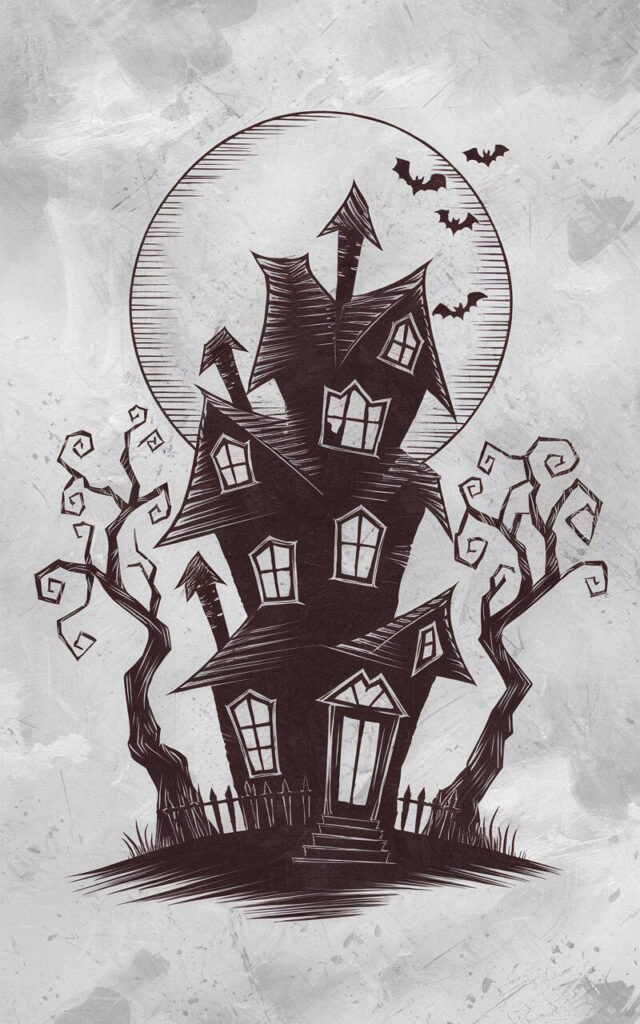 A minimalist pencil drawing of a haunted house silhouette during fall. The house has uneven rooflines, crooked chimneys, and jagged windows. It is tilted slightly. Two bare, twisted trees with curling branches flank the house. A large round harvest moon rises behind the house. Small bats are fluttering above the house. The eerie atmosphere is captured with minimal lines.