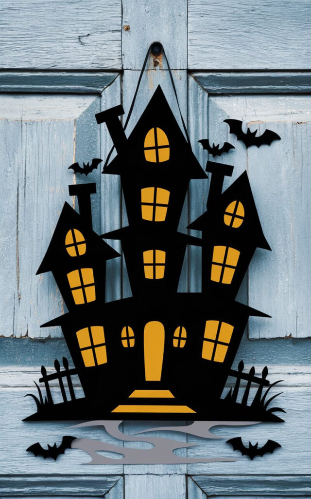 A Halloween door hanger in the shape of a haunted house hangs on a weathered wooden door. The haunted house has a minimalist design with a matte black finish, sharp pointed rooftops, crooked chimneys, and small rectangular windows with a painted yellow glow. There are tiny bat cutouts along the edges, and the base features subtle wisps of gray to suggest fog. The overall design is both spooky and sophisticated.