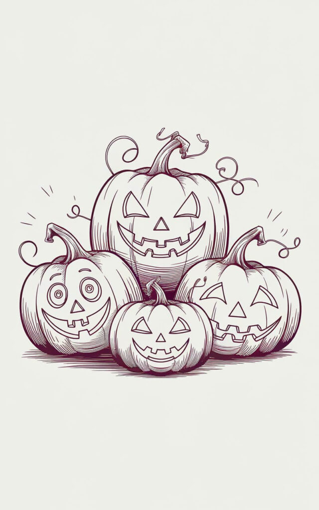 A minimalist, plain white background pencil drawing illustration of fall jack-o’-lanterns, drawn in a simplistic style. Three pumpkins sit together, each carved with different expressions—one wide-eyed and silly, another toothy and mischievous, and a third with a classic triangular grin. Their ridges are lightly shaded to suggest roundness, while the carved areas are left open and bright. Thin lines inside the openings hint at candle glow, radiating faintly outward. The stems curve naturally with small imperfections, adding character. The grouping of pumpkins creates a playful autumn scene, balancing spookiness and humor in a clean, minimal composition.