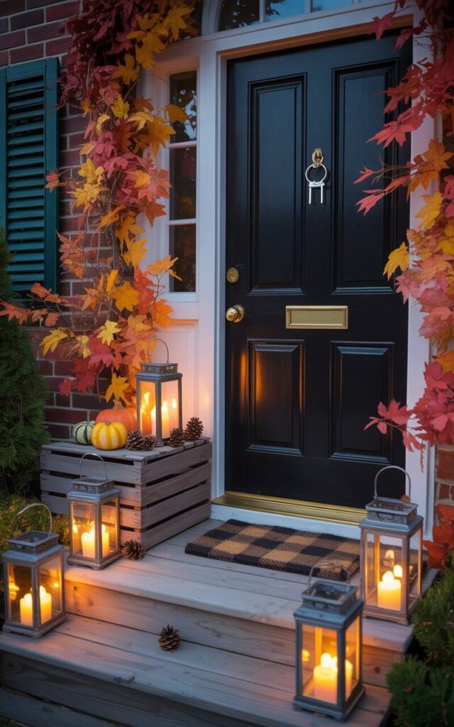 A photograph of a charming black front door with a gleaming nickel key lock standing prominently against a backdrop of vibrant autumn foliage. The door is framed by an inviting porch adorned with tall, antique-style lanterns lining the wooden steps, each emitting a warm, golden glow from LED candles. A weathered wooden crate near the doorway holds smaller lanterns intertwined with miniature pumpkins and pinecones, complementing a cozy plaid welcome mat. The scene is bathed in the soft light of dusk, creating a magical and welcoming atmosphere on a crisp fall evening.