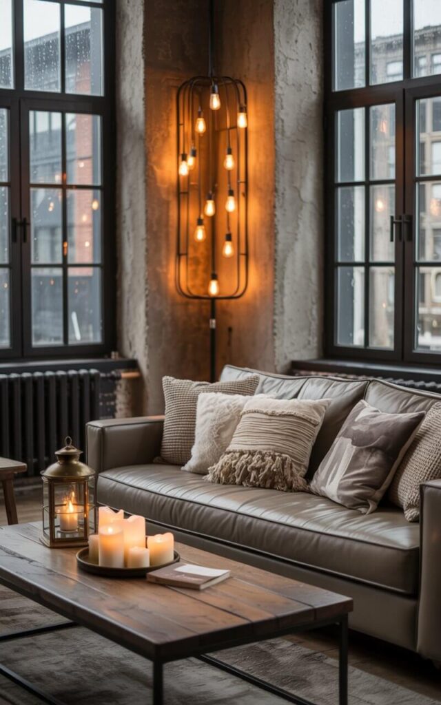 A photograph of a plush, gray sofa nestled within a stylish industrial living room. The sofa is adorned with a collection of soft throw pillows in varying textures and tones, facing a reclaimed wood coffee table scattered with flickering candles and a vintage brass lantern. Exposed concrete walls are softened by the warm glow of Edison bulbs hanging from a black steel frame, while black-framed windows reveal a glimpse of a rainy cityscape outside. The scene evokes a sense of moody comfort, balancing the ruggedness of the industrial elements with the inviting warmth of the soft lighting and textiles.