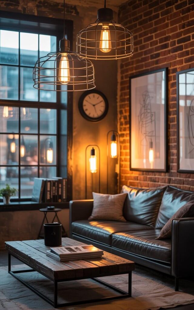 A photograph of a cozy industrial living room bathed in dramatic lighting. A plush charcoal gray sofa anchors the space, its cushions inviting and textured, while a low reclaimed wood coffee table sits before it, holding a stack of design magazines. Overhead, oversized black cage pendant lamps with Edison bulbs cast a warm golden glow on the room, illuminating vintage wall clocks and sleek black floor lamps that punctuate the space with pops of shadow. The walls are exposed brick, softened by framed abstract sketches, and a large window reveals a blurred cityscape beyond, enhancing the moody yet inviting atmosphere.