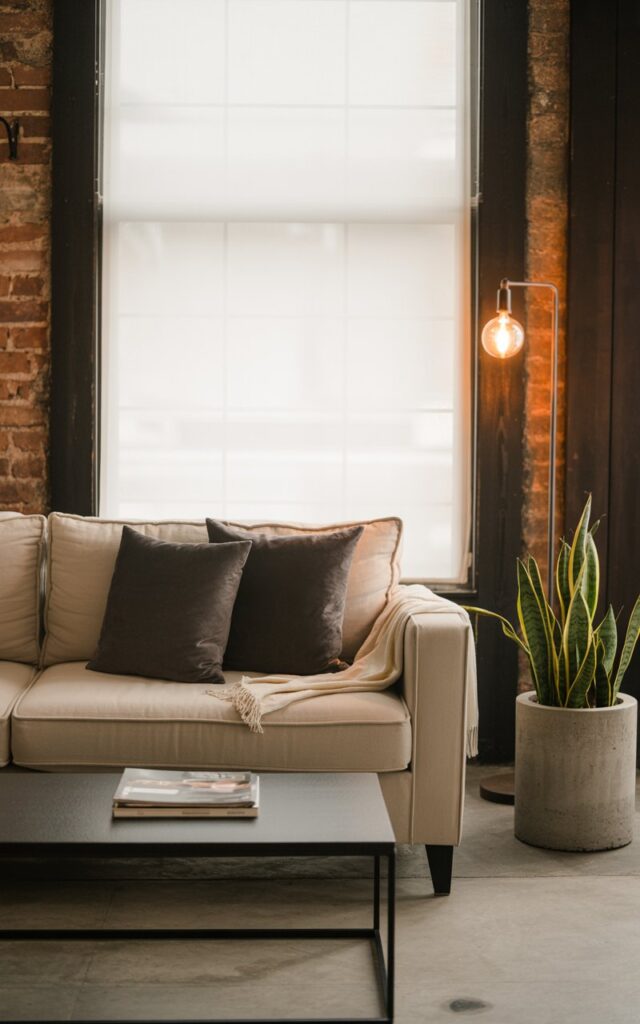 A photograph of a serene Industrial Living Room emphasizing a minimalist aesthetic. A beige linen sofa with two charcoal grey pillows and a cream-colored throw sits centrally, facing a simple black metal coffee table holding a single stack of design magazines. The room features exposed brick walls and dark wooden beams, accented by a tall industrial floor lamp with a warm Edison bulb and a concrete planter containing a vibrant snake plant. Soft, diffused sunlight streams through a large window, creating a warm and inviting atmosphere that highlights the room's clean lines and intentional design.