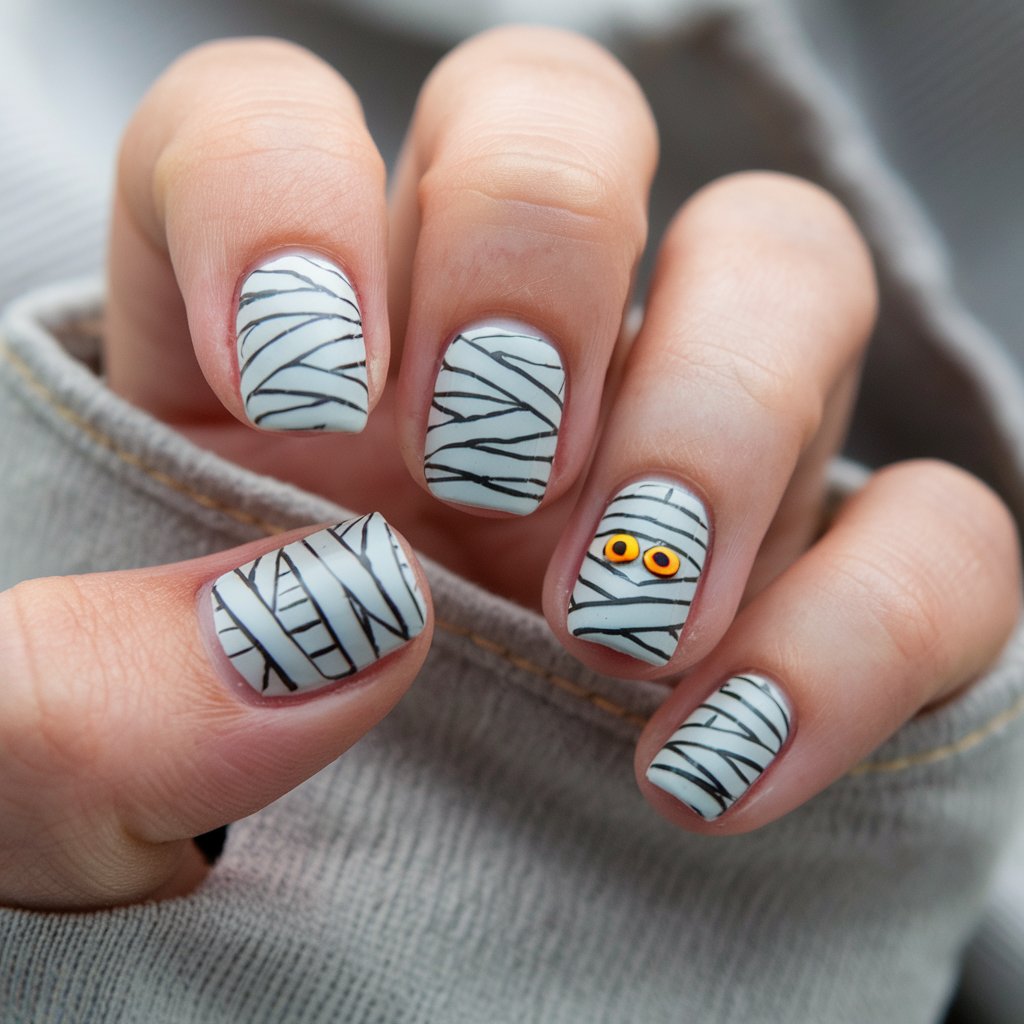 A photo of a well-moisturized oily woman's single hand only shows five fingers with playful Halloween nails inspired by mummies. The base is a pale beige, overlaid with crisscrossed gray lines to resemble gauze wraps. On one accent nail, two tiny glowing eyes peek out from the “bandages,” adding a whimsical touch. The nails are short, square-shaped, and cleanly finished. The hand is arranged in a relaxed pose, fingers slightly bent to display the detail. The natural bright blurry background highlights the soft, quirky design, making the mummy theme stand out in a fun way.