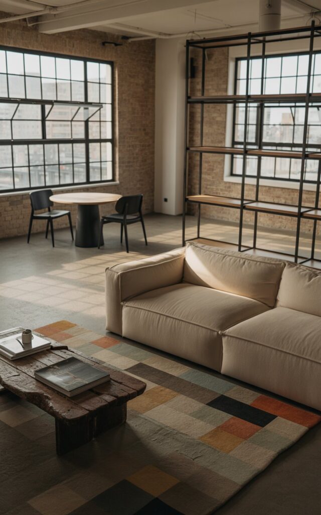 A photograph of a spacious industrial living room bathed in soft natural light. The room's focal point is a plush, beige sofa nestled within a defined seating area, complemented by a geometric rug in muted earth tones and a rustic reclaimed wood coffee table holding a stack of design magazines. Sleek metal-framed shelving units subtly divide the lounge from a minimalist dining space featuring a round wooden table and two black chairs, all set against a backdrop of exposed brick walls and polished concrete floors. Large black-framed windows reveal a glimpse of a cityscape, contributing to the room’s airy and open feel with diffused sunlight highlighting the textures of the space.