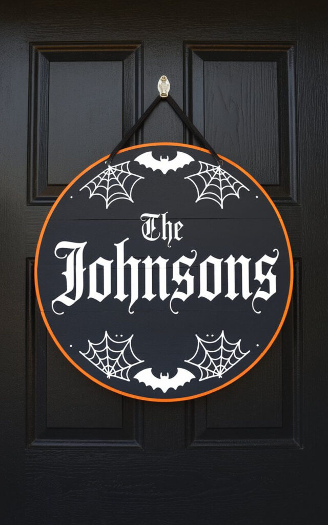 A custom Halloween door hanger proudly displays the family name "The Johnsons" across a modern black door. The hanger is a very well-designed piece that makes personalization chic with a minimalist layout. The sign is circular, crafted from smooth wood painted matte black. At the center, white gothic lettering spells out “The Johnsons,” encircled by fine line drawings of bats and spider webs. A thin border of orange adds just enough festive flair, while a small metallic hook suspends the piece elegantly. The clean symmetry and restrained details give it sophistication while keeping the Halloween theme bold and clear.