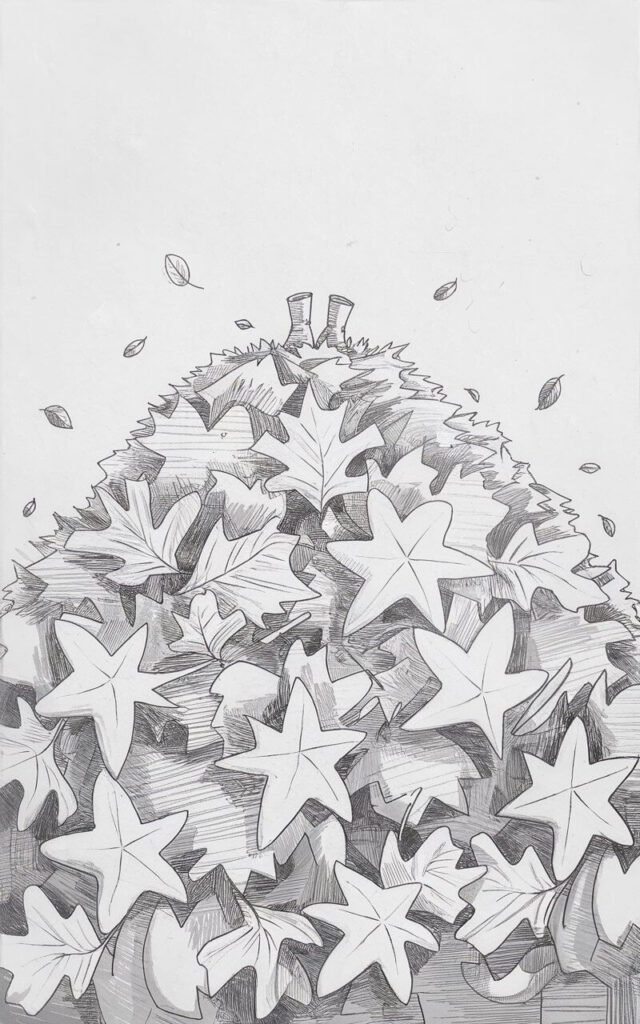 A minimalist, plain white background pencil drawing illustration of a fall pile of leaves for jumping, drawn in a simplistic style. The heap is sketched with overlapping leaf shapes—maple, oak, and birch—layered loosely to create volume. Some leaves curl outward, while others flatten into the pile. A pair of small boots stick out from the top, suggesting someone buried playfully beneath. Light shading emphasizes depth without overwhelming detail. A few scattered leaves drift off to the sides, hinting at recent motion. The drawing captures the playful spirit of autumn with clean, balanced strokes and whimsical personality.