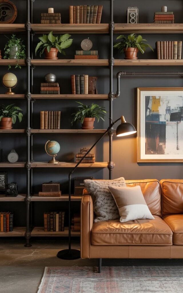 A photograph showcasing a section of an Industrial Living Room dominated by a striking black steel and rustic wooden plank pipe shelving unit. The shelves are meticulously organized with a mix of antique books bound in aged leather, vibrant green potted plants in terracotta pots, and a collection of vintage cameras and globes. Below the shelving, a tan leather sofa sits invitingly, adorned with plush gray and cream pillows, illuminated by a sleek black metal floor lamp casting a warm glow and accentuating a framed abstract painting on the wall. The scene is grounded by a subtly patterned rug in muted earth tones, contributing to the room's raw, workshop-inspired aesthetic.