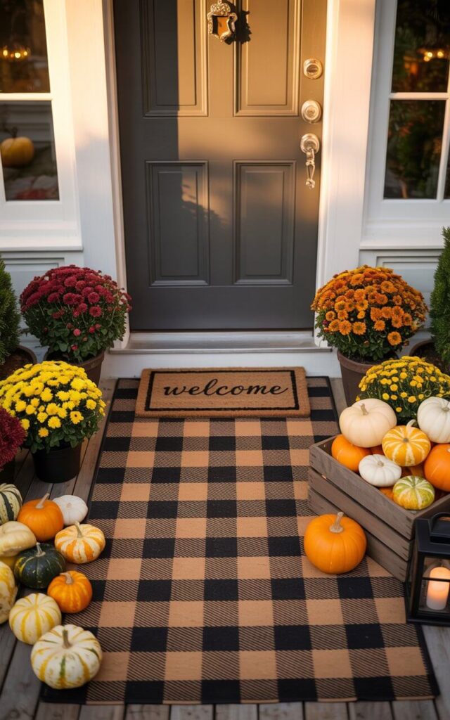 A photograph of a charming front porch centered around a beautifully designed door with a gleaming nickel key lock. The door is framed by layered rugs—a buffalo check plaid rug serves as the base, topped with a smaller "Welcome" doormat. Potted mums in shades of orange, yellow, and burgundy are arranged symmetrically alongside a rustic wooden crate overflowing with an assortment of gourds and pumpkins of varying sizes and tones, complemented by softly glowing lanterns on each side. The porch is bathed in the warm, golden light of a late afternoon sun, creating an inviting and cozy autumn atmosphere.