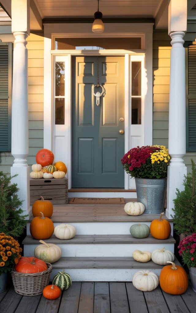 A photograph of a charming fall front porch, centered on a beautifully designed front door with a gleaming nickel key lock. The door is framed by crisp white trim and supported by two rustic wooden columns, while the porch is festively decorated with pumpkins in various sizes—bright orange, pale white, and muted green—arranged artfully on the steps, in woven baskets, and scattered across the wooden floorboards. To the side, a weathered wooden crate displays a collection of mini gourds, and vibrant mums bloom in a galvanized bucket, all bathed in the golden light of a late afternoon autumn sun. The scene exudes an abundant harvest feel with a welcoming, cozy atmosphere.