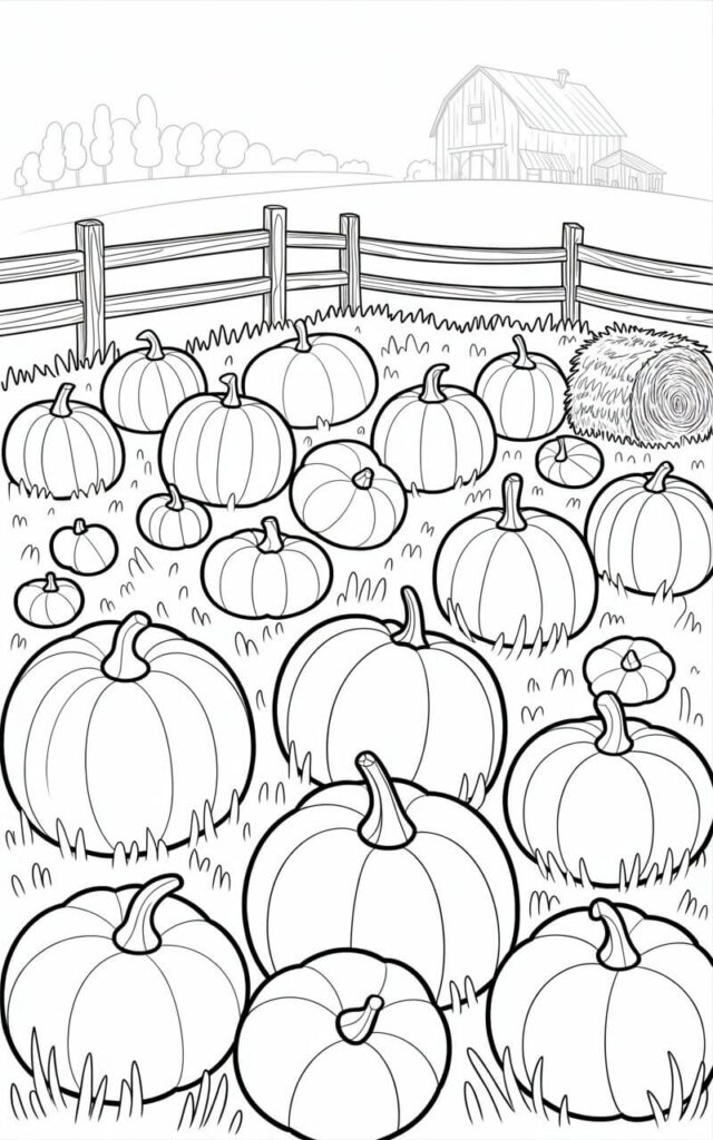 A black and white line art illustration of a whimsical fall pumpkin patch scene with varying sizes of pumpkins scattered across a field, some round, some oblong, each showcasing unique imperfections. A rustic wooden fence with crosshatched posts and a small hay bale add to the charm, while a distant, faintly outlined barn provides atmospheric depth, all rendered with a simple and cozy feel. The illustration uses clean, bold outlines and continuous lines in a coloring book style with distinct separation between pumpkins and background elements to create well-defined colorable spaces. Varying line weights add subtle visual interest and the composition promotes a balanced, enjoyable coloring experience suitable for all ages.