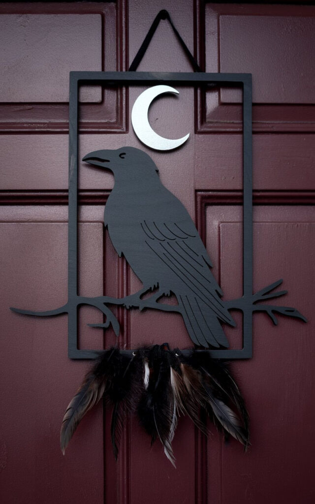 A photo of a Halloween door hanger with a sleek raven silhouette mounted on a deep burgundy door. The raven is cut from matte black wood and perched on a simple branch that stretches across the frame. The raven's feathers are finely etched, adding just enough detail without crowding the design. Above the raven, a painted crescent moon glows faintly in silver. Sparse feather accents at the base give texture while keeping the focus on the bird's commanding profile. The door hanger has a gothic, poetic, and perfectly spooky aesthetic.