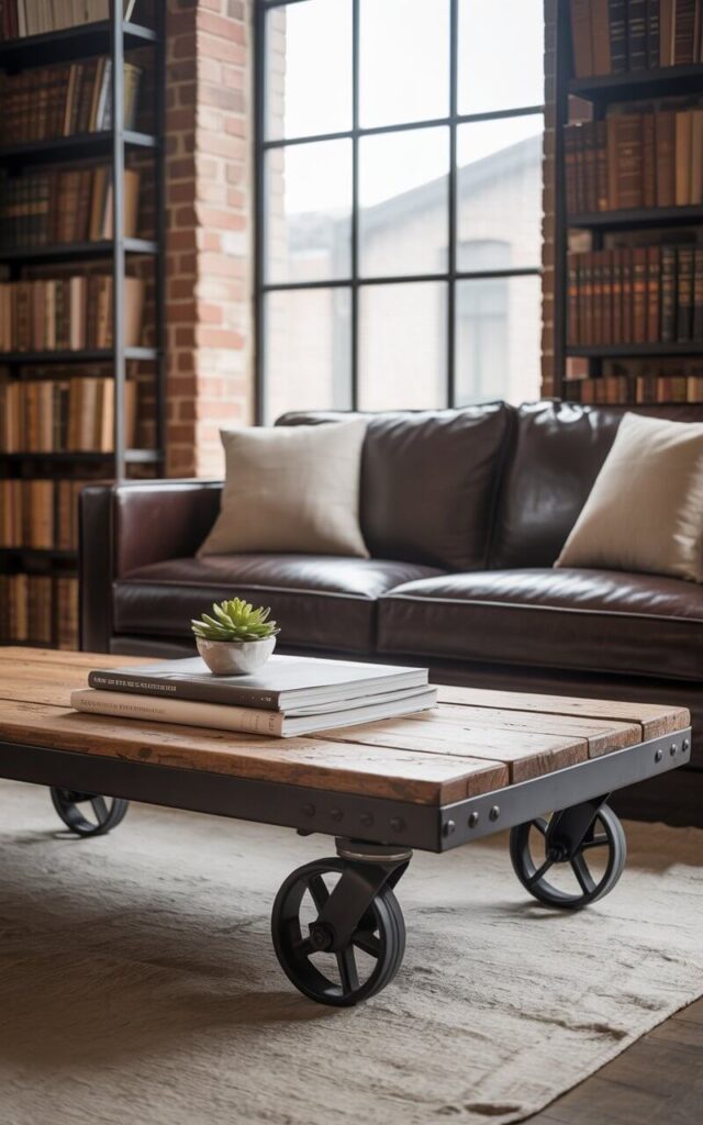 A photograph of a modern industrial living room centered on a sleek, wheeled coffee table crafted from reclaimed wood and sturdy iron casters. The coffee table holds a stack of design magazines and a small succulent, positioned centrally in the frame, drawing the eye. A dark brown leather sofa with neutral linen pillows sits against a backdrop of exposed brick walls and tall, minimalist bookshelves filled with leather-bound books. Soft, diffused light streams in through a large window, casting gentle shadows and highlighting the room's versatile and stylish design.