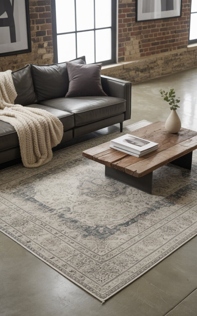 A photograph of a spacious industrial living room centered around a large, distressed patterned rug in muted shades of gray and beige. A plush, charcoal-colored sofa sits squarely on the rug, adorned with a cream-colored knitted throw and a dark gray velvet pillow, inviting relaxation. A reclaimed wood coffee table displays a stack of design magazines and a single ceramic vase holding a sprig of eucalyptus, while black-framed abstract artwork hangs on the exposed brick walls. Soft, diffused light streams in from a large window, illuminating the polished concrete floor and highlighting the room's blend of raw industrial elements and cozy, inviting textures.