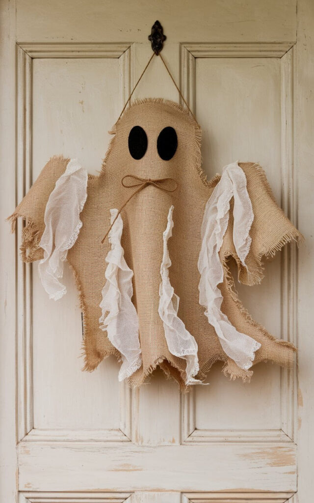 A Halloween door hanger shaped like a friendly ghost swaying gently on a vintage farmhouse door. The ghost is made from coarse burlap fabric and has frayed edges that flutter slightly, creating a soft, ethereal look. Two oversized black eyes cut from felt give the ghost a playful expression, while a loose twine bow tied around its "neck" introduces a homespun touch. Wisps of white cheesecloth drape over parts of the figure, adding texture without overwhelming the simplicity. The ghost's neutral, natural tones make it versatile and understated, while still perfectly embodying the Halloween spirit in a subtle, welcoming way.