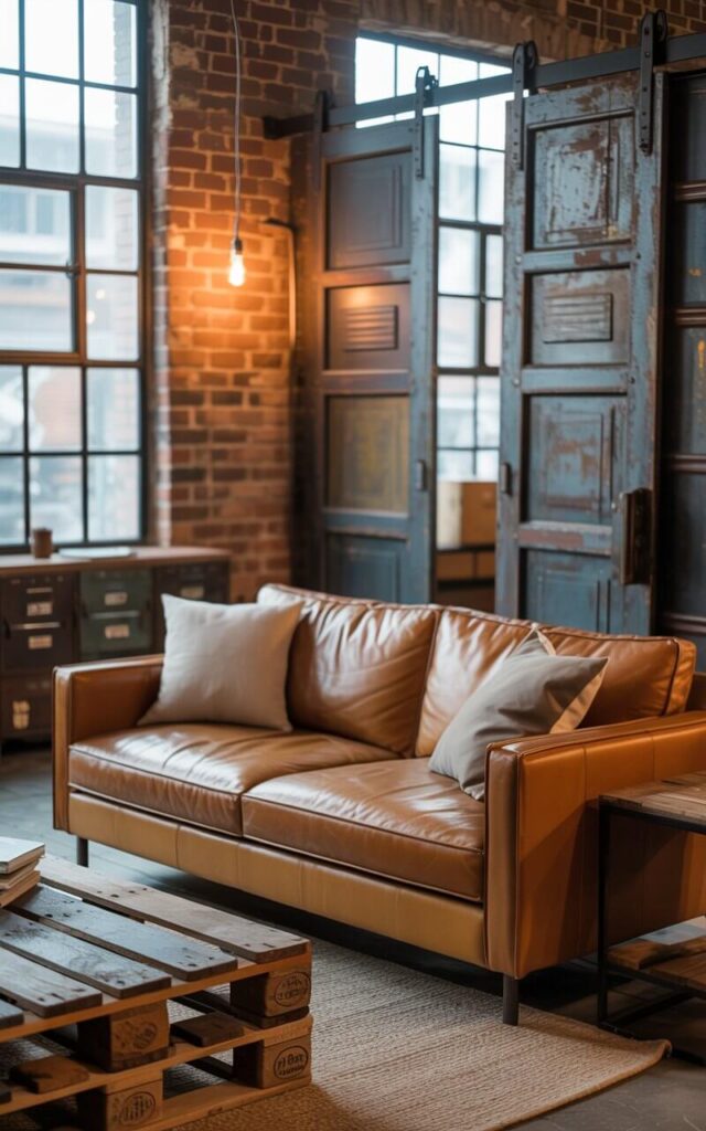A photograph of a cozy industrial living room, focusing on a comfortable cognac leather sofa as the primary subject. The sofa is positioned centrally, adorned with soft, neutral-toned linen pillows, and sits before a reclaimed wood pallet repurposed as a coffee table, showcasing visible grain and rustic charm. Exposed brick walls, steel-framed windows, and a weathered antique factory door used as a sliding barn door create a backdrop, while vintage metal lockers offer unique storage and character, with a single, softly glowing Edison bulb hanging above. Warm, diffused light filters through the windows, casting subtle shadows and highlighting the textures of the salvaged materials, resulting in an authentically lived-in space.