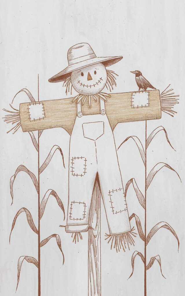 A minimalist, plain white background pencil drawing illustration of a fall scarecrow in a cornfield, drawn in a simplistic style. The scarecrow is propped on a wooden crosspost, its arms stretched wide. A floppy hat sits atop its round head, with a stitched smile sketched across its burlap face. Patches decorate its overalls, each square indicated with crosshatched corners. Bits of straw poke out from sleeves and pant legs in quick strokes. Behind it, tall cornstalks rise with simple vertical lines and leafy shapes. A small crow perched on the scarecrow’s arm adds humor, completing the autumnal composition.