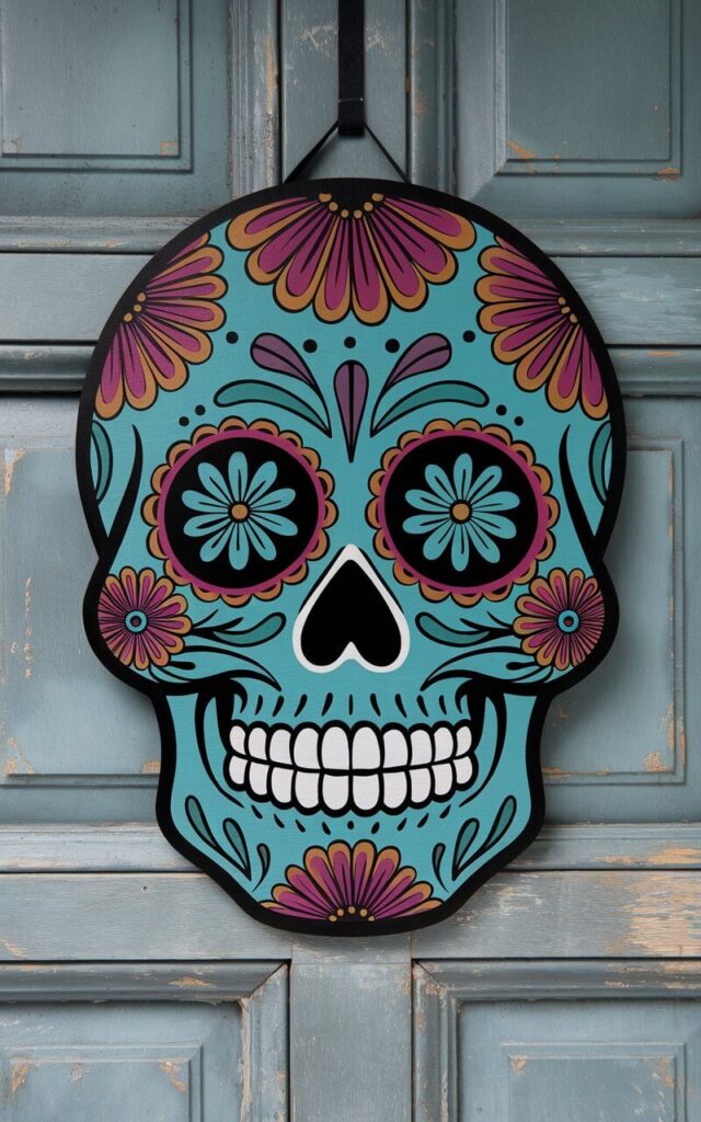 A photo of a vibrant Halloween door hanger inspired by Día de los Muertos decorating a rustic blue-gray door. The door hanger is a well-designed hanger that balances cultural artistry with a minimalist framework. The skull, cut from lightweight wood, is painted in bright hues of turquoise, magenta, and gold. Detailed floral motifs adorn its cheeks and forehead, and swirling patterns around the eyes resemble marigold petals. The mouth is defined by clean, symmetrical white lines. Despite its intricate detail, the overall composition remains balanced and uncluttered. The mix of bold color and crisp outlines makes this hanger celebratory and distinct.