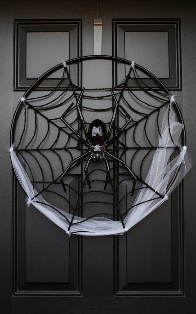A matte black door with a chilling Halloween door hanger in the shape of a spider web. The web is made of sturdy black yarn and is stretched across a thin circular frame. At the center of the web, a large faux spider with a shiny body and angular legs is perched. The design also features wisps of sheer white tulle that extend slightly from the edges, mimicking stray strands of silk. The clean contrast of black against the dark background gives the design a shadowy, mysterious presence, perfectly embodying Halloween eeriness.