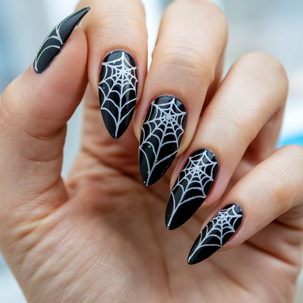 A close-up of a well-moisturized oily woman's single hand only shows five fingers with glossy black Halloween nails. Delicate white spiderwebs stretch across the surface, each line crisp and thin. A tiny touch of silver glitter shimmers at the web intersections. The nails are long stiletto, evenly manicured, and catch the light beautifully. The hand is displayed in a relaxed pose, with fingers gently curved. The skin appears hydrated and glowing. The natural bright blurry background adds contrast, making the white webs stand out boldly against the sleek black polish.