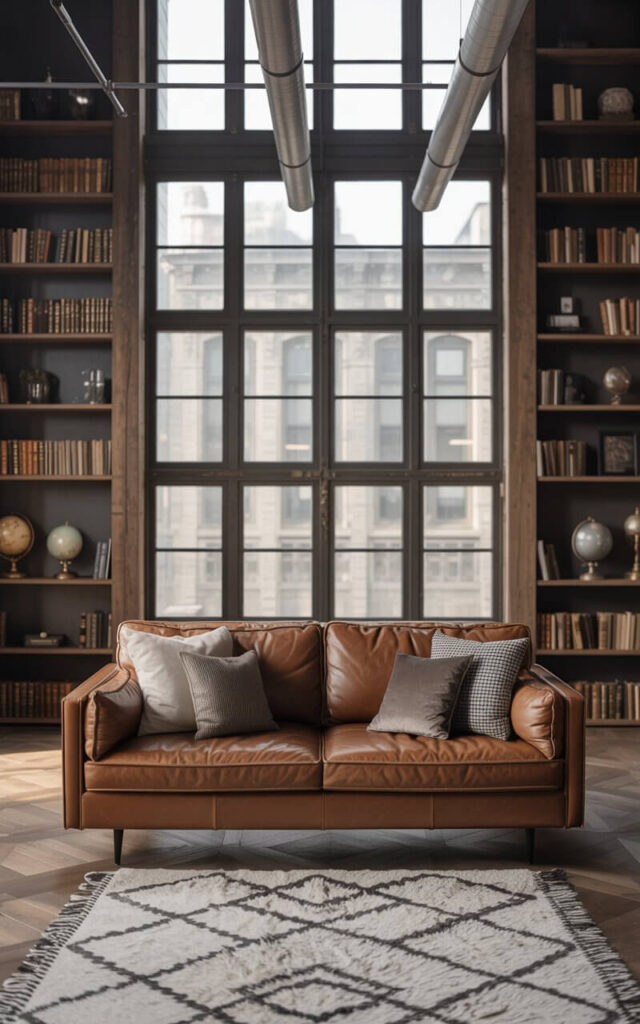 A photograph of a plush, brown leather sofa positioned centrally in an expansive industrial living room. The sofa is adorned with several textured throw pillows in muted grey tones, facing a large geometric rug with a black and white pattern. Floor-to-ceiling windows behind the sofa flood the space with soft morning light, highlighting the exposed wooden beams and towering bookshelves filled with antique books and vintage globes. Dramatic, long industrial pendant lights hang overhead, enhancing the lofty ceiling height and creating a sense of grandeur within the minimalist space.
