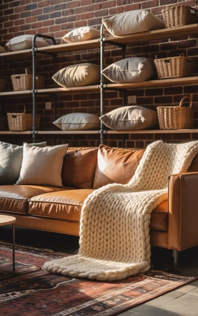 A photograph of a cozy industrial living room bathed in the warm glow of late afternoon sunlight. A plush tan sofa is the centerpiece, generously draped with a chunky knit cream throw and accented by a collection of linen and wool pillows in muted earth tones. Beneath the sofa lies a distressed Persian rug, complemented by several fabric poufs and woven baskets neatly arranged on pipe shelving that runs along the exposed brick wall, highlighting the blend of raw materials and soft textures. The overall scene evokes a sense of comfortable sophistication and inviting warmth.