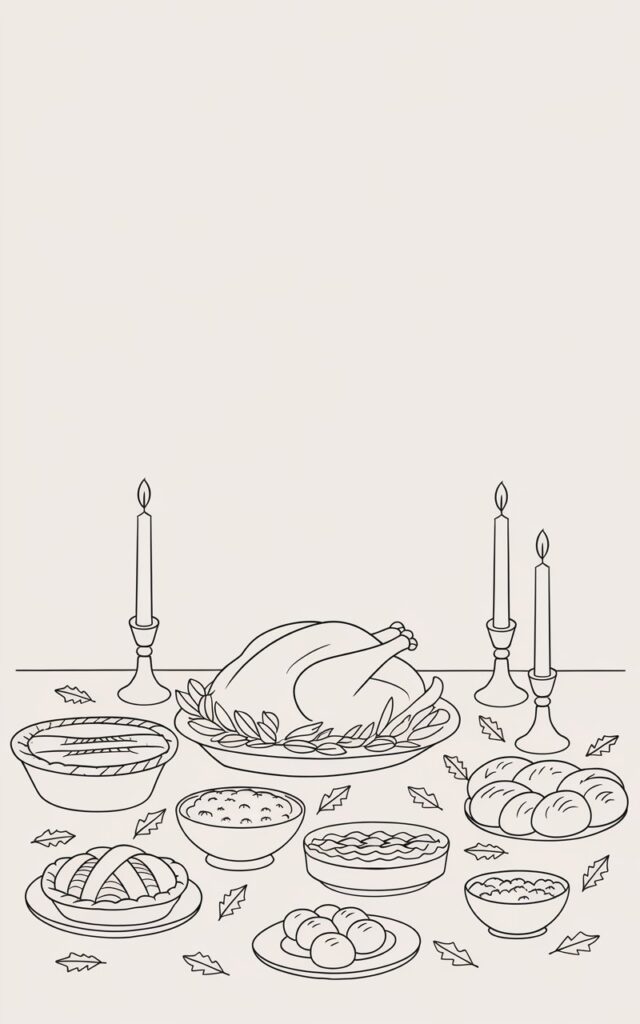 A minimalist, plain white background pencil drawing illustration of a fall Thanksgiving feast table. At the center is a plump turkey with smooth curves and gentle shading. Surrounding platters hold pies, bowls of mashed potatoes, and bread rolls, each indicated with simplified shapes. A pair of candlesticks rise at either end, with flames represented by small teardrop strokes. Scattered leaves decorate the table, adding seasonal detail. The arrangement feels abundant yet minimal, capturing the warmth of gathering and celebration through clean lines and subtle, balanced shading.