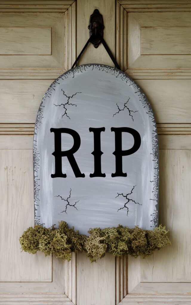 A rustic Halloween door hanger shaped like a tombstone hangs neatly on a faded oak door. The tombstone cutout is painted stone-gray with slightly roughened edges to mimic weathering. In the center, bold black letters read "RIP," surrounded by faint cracks etched into the surface for added realism. A tuft of faux moss clings to the base, giving the impression it was pulled straight from a graveyard. Its simple color palette—gray, black, and green—keeps it understated yet effective, striking the perfect Halloween balance of humor and spookiness.