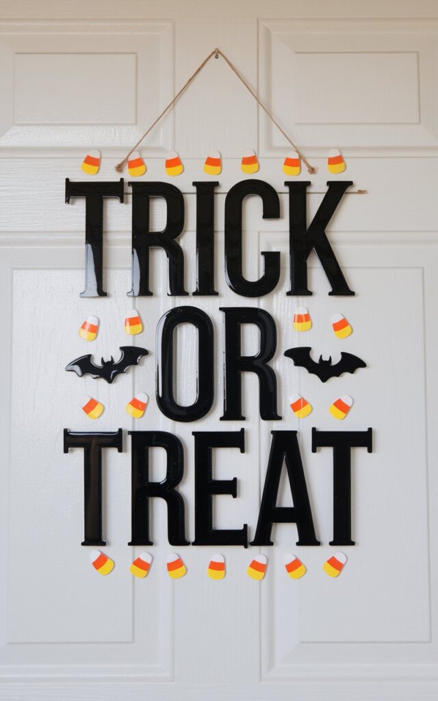 A Halloween door hanger with the text "Trick or Treat" stretching vertically down a smooth white door. The text is painted in glossy black with crisp serif edges. The phrase is framed with tiny candy corn illustrations and playful bat silhouettes. A thin jute string suspends the sign. The overall design has a clean minimalist look.
