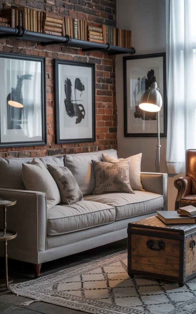 A photograph of a cozy industrial living room, centered around a comfortable gray linen sofa. The sofa is adorned with several patterned pillows in muted tones, and faces a reclaimed wooden trunk serving as a coffee table, highlighted by the glow of a sleek steel floor lamp. Black-framed abstract art hangs on the exposed brick wall behind the sofa, accented by antique books neatly displayed on pipe shelving, with a vintage leather armchair and a minimalist patterned rug completing the scene. Soft, diffused light streams through a large window, enhancing the balance of modern and vintage elements in the room.