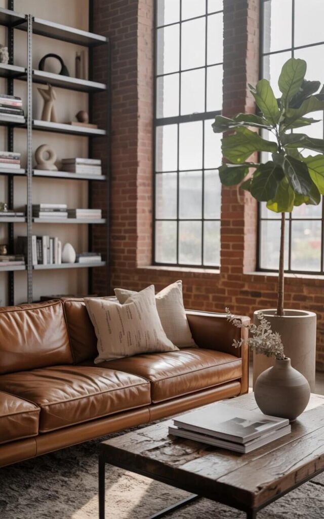 A photograph of a cozy industrial living room bathed in warm sunlight. A plush, brown leather sofa sits centered, adorned with textured linen throw pillows, and faces a reclaimed wood coffee table displaying a stack of design magazines and a ceramic vase with dried eucalyptus. Tall factory-style windows framed in matte black steel dominate the background, showcasing exposed brick walls and steel shelving filled with carefully curated books and sculptural objects, while a large fiddle-leaf fig tree thrives in a sleek concrete planter. Soft, diffused light gently illuminates the room, emphasizing the authentic warehouse-inspired aesthetic and creating a sense of tranquil sophistication.