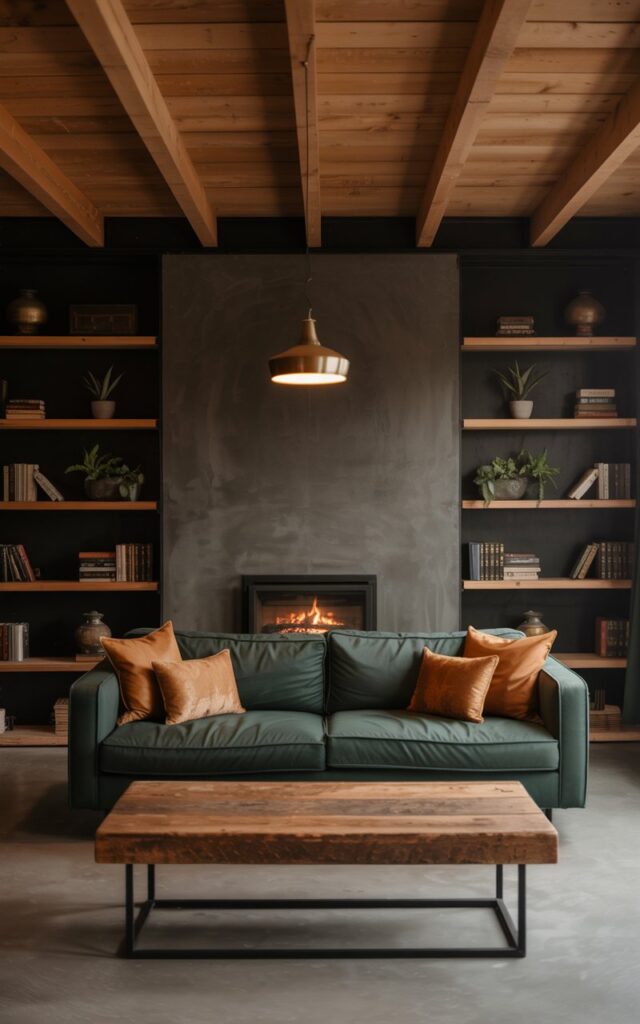 A photograph of a cozy industrial living room centered around a plush dark green velvet sofa. The sofa sits facing a sleek black metal fireplace with a subtle, crackling fire visible within; a scattering of warm-toned throw pillows are artfully arranged on its surface. Exposed wooden ceiling beams stretch across the room, mirroring the texture of a reclaimed wood coffee table positioned in front of the sofa and illuminated by a single, elegant brass pendant light hanging above. The room features polished concrete flooring and black-framed shelving displaying a selection of vintage books and potted succulents, all bathed in the soft, diffused light of a late afternoon.