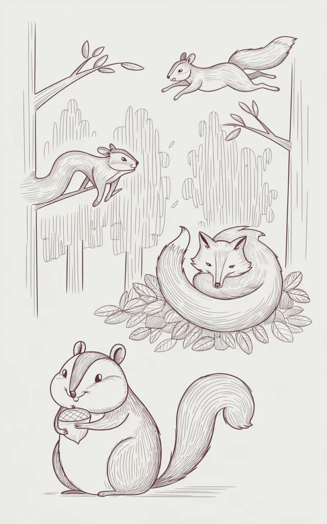 A minimalist, plain white background pencil drawing illustration of fall woodland animals, drawn in a simplistic style. A chipmunk with rounded cheeks clutches an acorn, its fur suggested with short, light strokes. Nearby, a fox curls atop a pile of leaves, its bushy tail wrapped around its body in smooth curves. Overhead, a squirrel leaps between branches, sketched with long lines that emphasize motion. The background trees are faintly indicated with vertical lines, keeping focus on the animals. Each creature has a gentle expression, embodying the playful busyness of autumn while maintaining a clean, minimal sketch aesthetic.