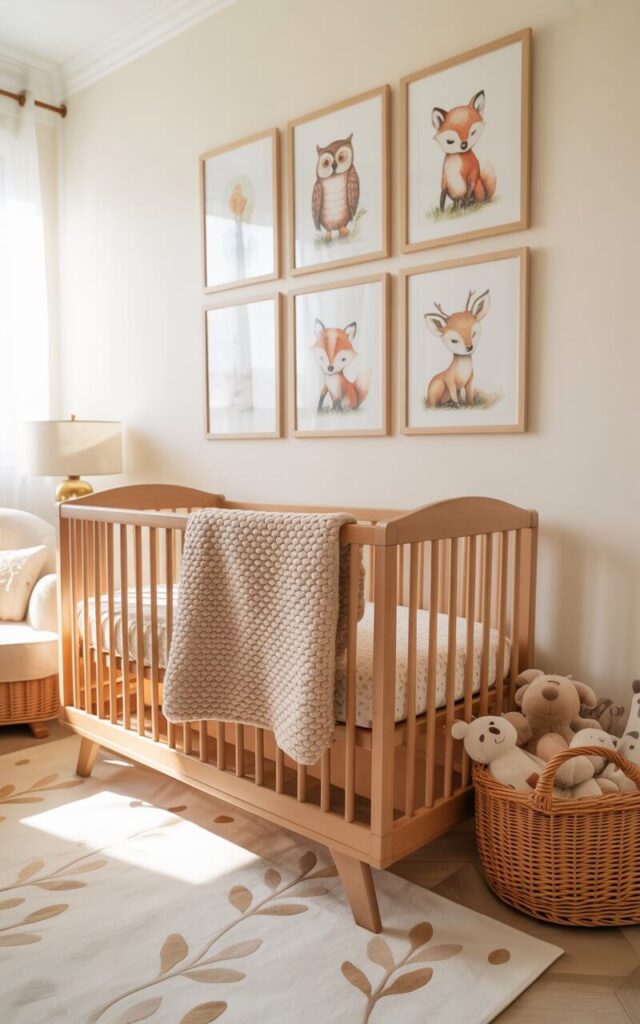 A photograph of a cozy nursery room bathed in soft morning light, with a focus on a handcrafted wooden crib adorned with a plush knitted blanket. The crib sits centered beneath a gallery wall showcasing framed watercolor illustrations of a wise owl, a playful fox, and a gentle deer, all within simple wooden frames.  A patterned rug with subtle leafy motifs anchors the space, complemented by a wicker basket beside the crib filled with a collection of soft, neutral-toned stuffed animals. The walls are painted a warm cream color, contributing to the room’s cheerful and magical atmosphere.