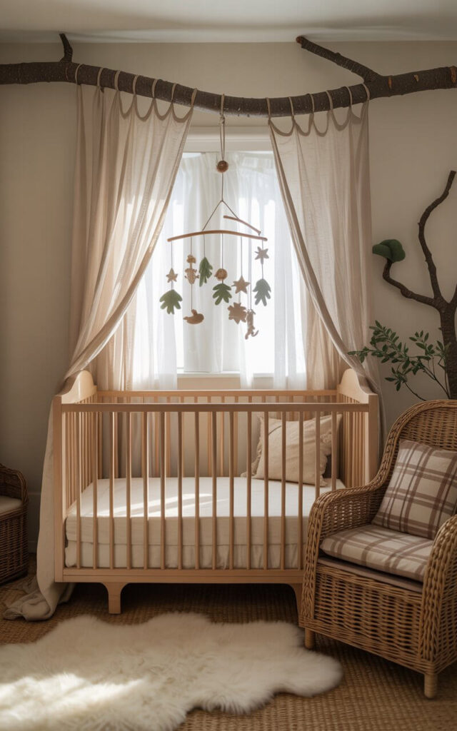 A photograph of a cozy nursery bathed in the soft glow of natural light, showcasing a charming woodland theme. A handcrafted crib, fashioned from pale wood, sits centered against a wall adorned with a large, sanded tree branch serving as a curtain rod, draped with flowing white linen. Above the crib, a smaller branch holds a whimsical mobile of felt leaves, stars, and miniature woodland creatures, while a woven wicker chair with a warm plaid cushion sits invitingly nearby. The scene is completed by a plush wool rug, creating a whimsical and comforting atmosphere reminiscent of a peaceful forest.