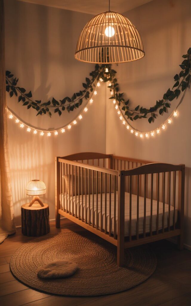 A photograph of a cozy nursery bathed in the warm glow of nature-inspired lighting, featuring a charming wooden crib as the central focus. The crib is adorned with simple, earthy-toned bedding and a plush, woven rug sits beneath it, while a rattan pendant lamp hangs gracefully overhead, casting a soft light. A small bedside lamp with a tree-trunk base and twinkling star-shaped nightlights adorn the walls, enhancing the woodland nursery theme with leafy garlands draped artfully around the room. The layered lighting creates a dreamy, magical atmosphere, subtly highlighting the room’s wooden accents and fostering a sense of tranquility.