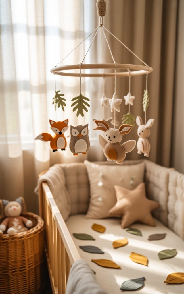 A photograph of a handmade woodland-themed mobile gently swaying above a cozy nursery cot bed. The mobile, crafted from a natural wooden hoop, features intricately cut felt animals—a curious fox, a wise owl, and a playful rabbit—alongside delicate felt leaves and twinkling star cutouts hanging from silk threads. Beneath the mobile, the cot bed is adorned with cream-colored bedding accented with moss-green details, and a leaf-patterned rug softens the floor, while soft, diffused sunlight streams through sheer linen curtains. A wicker basket brimming with plush toys sits nearby, completing the serene and magical woodland scene.