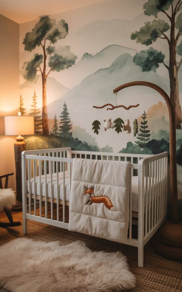 A photograph of a cozy nursery room, bathed in the soft glow of a table lamp. The room's focal point is a pristine white crib draped in light beige bedding adorned with a subtle fox motif, centered before a hand-painted mural depicting towering trees and gentle mountain silhouettes in soft watercolor hues. A rustic rocking chair sits beside the crib, and a plush faux-fur rug warms the floor while a delicate branch mobile with felt leaves and woodland creatures hangs gently above the cot. The overall scene evokes a dreamy, storybook atmosphere, with warm lighting accentuating the woodland nursery theme.