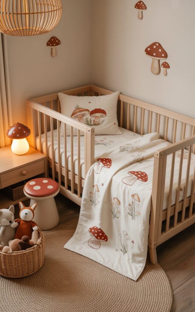 A photograph of a cozy nursery featuring a charming cot bed as the central focus. The cot bed is adorned with whimsical mushroom-patterned bedding and a small, softly glowing mushroom-shaped lamp rests on a nearby wooden nightstand, casting a gentle light. Beside the bed sits a red and cream mushroom-shaped stool, next to a woven basket overflowing with plush fox, bear, and rabbit toys. The walls are subtly decorated with fairytale-like mushroom decals, while a warm rattan light fixture and a natural fiber rug create a comforting, woodland-inspired atmosphere.