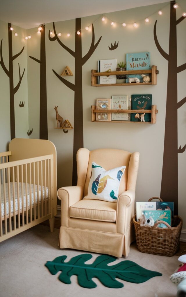 A photo of a woodland nursery with a magical reading nook. The room has a cozy yellow cot bed and a reading nook with a small armchair, a leaf-patterned cushion, a basket of woodland-themed books, and a green leaf-shaped rug. The walls are adorned with wooden shelves holding favorite storybooks and tiny animal figurines. Fairy lights twinkle softly above. The room is inviting and whimsical, creating the perfect spot for bedtime stories in a woodland-inspired sanctuary filled with charm and coziness.