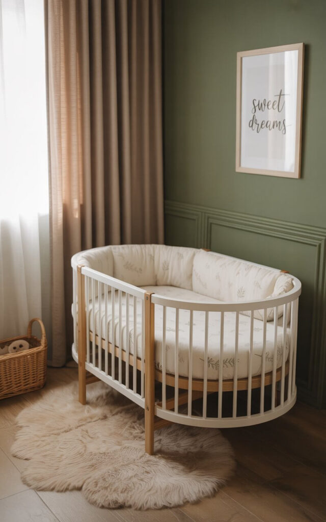 A photograph of a cozy nursery room bathed in soft, natural light, centered around a pristine white oval cot bed. The cot bed is nestled against a mossy green feature wall, adorned with subtle leaf patterns on its cream bedding, and accented by a natural oak wood frame. A plush beige rug lies beneath a wicker toy basket in the corner, complementing taupe curtains that gently filter the light, while a framed print of "Sweet Dreams" hangs above the cot. The scene evokes a calming forest atmosphere, creating a serene and inviting space for a newborn.