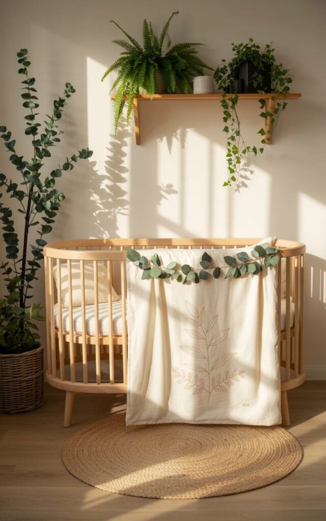 A photograph of a cozy nursery room bathed in soft morning light, centered around a natural wood cot bed. The cot is adorned with a leafy garland and soft cream bedding featuring subtle leaf motifs, creating a peaceful and inviting atmosphere. Surrounding the bed are rustic shelves displaying small potted ferns and trailing ivy, while a round jute rug grounds the space, and a tall eucalyptus branch in a wicker planter adds height and texture to the corner. Gentle shadows play across the room, highlighting the greenery and creating a sense of warmth and connection to nature.