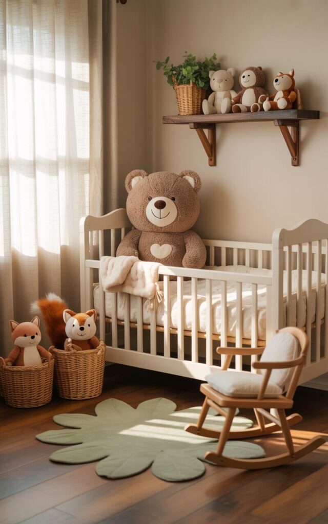 A photograph of a cozy nursery room designed with a charming woodland theme, centered on a pristine white crib adorned with soft, cream-colored bedding. A plush brown bear with a cheerful embroidered smile sits nestled against the crib's headboard, while a small fox and squirrel peek out from woven baskets beside a gently rocking wooden chair. Rustic floating shelves above the crib showcase a curated collection of woodland-themed stuffed animals and a leafy green rug softens the hardwood floor. Soft, diffused natural light streams through sheer curtains, casting a warm and inviting glow across the entire scene.