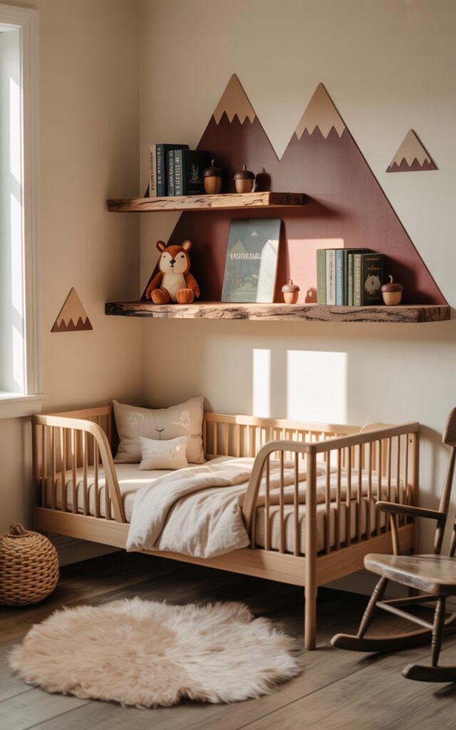 A photograph of a charming woodland-themed nursery room bathed in soft morning light. A cozy cot bed, nestled beneath rustic floating shelves shaped like gentle mountain peaks, serves as the focal point; the shelves display a curated selection of woodland books, a plush squirrel toy, and miniature wooden acorn decorations. The walls are painted a calming cream color, complemented by a round faux-fur rug and a weathered rocking chair nearby, while the overall scene is peaceful, evoking a sense of warmth and natural serenity. Gentle sunlight streams in through a window, highlighting the natural wood tones and creating a comforting atmosphere.