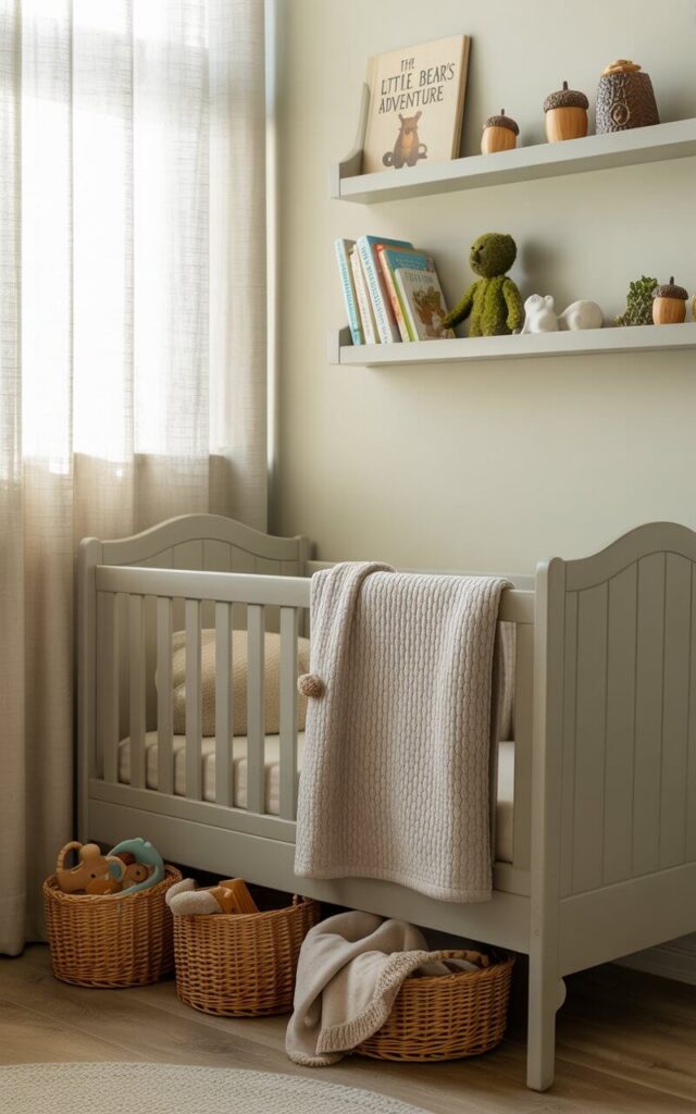A photograph of a cozy gray cot bed nestled against a light cream wall within a beautifully decorated woodland-themed nursery. The cot bed is draped with a plush knitted blanket and features a carved wooden frame, while woven baskets underneath hold colorful toys and soft blankets. Floating shelves above display a stack of woodland storybooks with the title " “The Little Bear's Adventure”" alongside miniature decorative acorns and a moss-covered figurine. Soft, diffused natural light filters through sheer curtains, creating a warm and inviting atmosphere within the tidy and charming room.