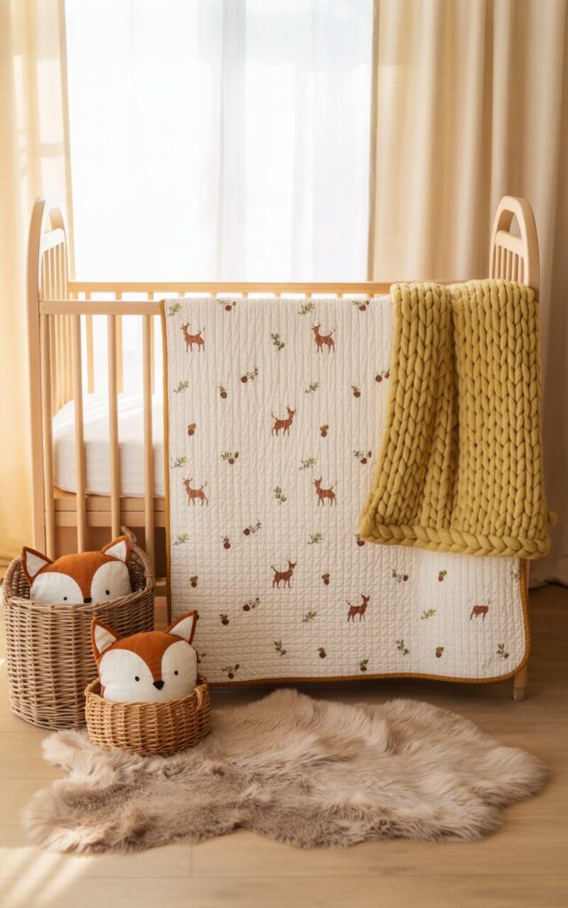 A photograph showcasing a cozy nursery cot bed as the central focus, bathed in soft, natural light. The cot is layered with a cream cotton quilt displaying a delicate pattern of tiny deer and acorns, complemented by a chunky knitted moss-green blanket casually draped over the side. Two woven baskets filled with adorable fox-shaped cushions sit beside the crib, while a plush faux-fur rug lies beneath, all against a backdrop of neutral cream curtains filtering daylight. The warm glow highlights the snuggly textures, creating an inviting woodland-inspired atmosphere within the nursery.