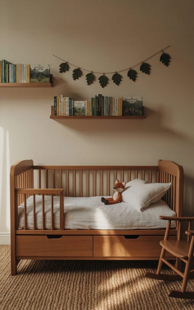 A photograph of a cozy nursery room bathed in soft morning light, with a handcrafted oak cot bed as the central focus. The cot bed is adorned with crisp white linens and subtle forest-green accents, featuring a single plush fox toy resting on the pillow. Surrounding the cot are matching oak drawers and a simple wooden rocker, while floating wooden shelves display a collection of woodland-themed books and a garland of felt leaves. The room is completed with a textured wool rug in earthy tones, against a backdrop of cream-colored walls, creating a serene and inviting atmosphere.